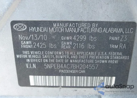 2011 Hyundai Sonata Gls from USA, damaged, VIN 5NPEB4AC7BH204557